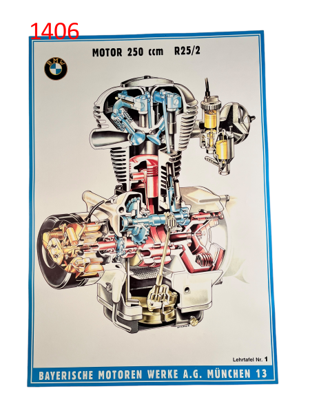 Poster Plakat BMW R25/2 Motor 250 ccm Lehrtafel Nr. 1 Zeichnung 66 x 47